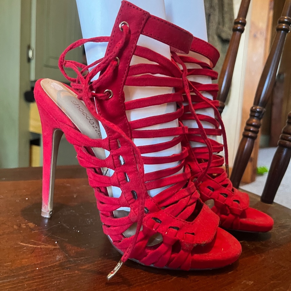 Red lace up peep toe stilettos